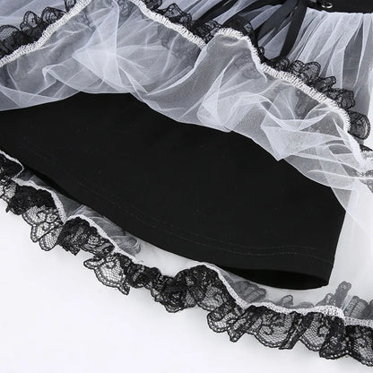 Gothic Mesh A-Line Skirt: Punk Ruffled Tie-Accent High-Waisted Skirt with Full Flare
