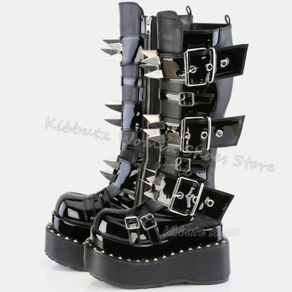 Gothic Boots Knee High Platform Punk Rock Belt Buckle Novelty Leather Thick Bottom