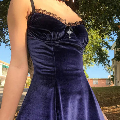 Goth Purple Dress Vintage Velvet A Line Lolita Dress Aesthetic Gothic High Waist Ladies Club Party Dresses