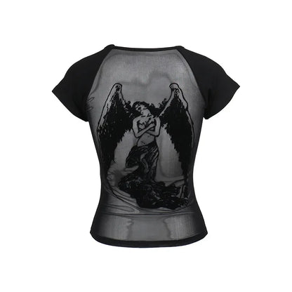 Gothic See Through Angel Graphic Print T-shirt
