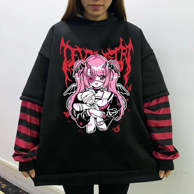 GOTH Black Long Sleeve  Fake Two-piece Spider web sweatshirt