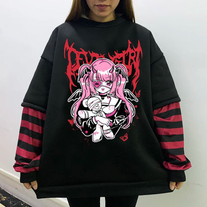 GOTH Black Long Sleeve  Fake Two-piece Spider web sweatshirt