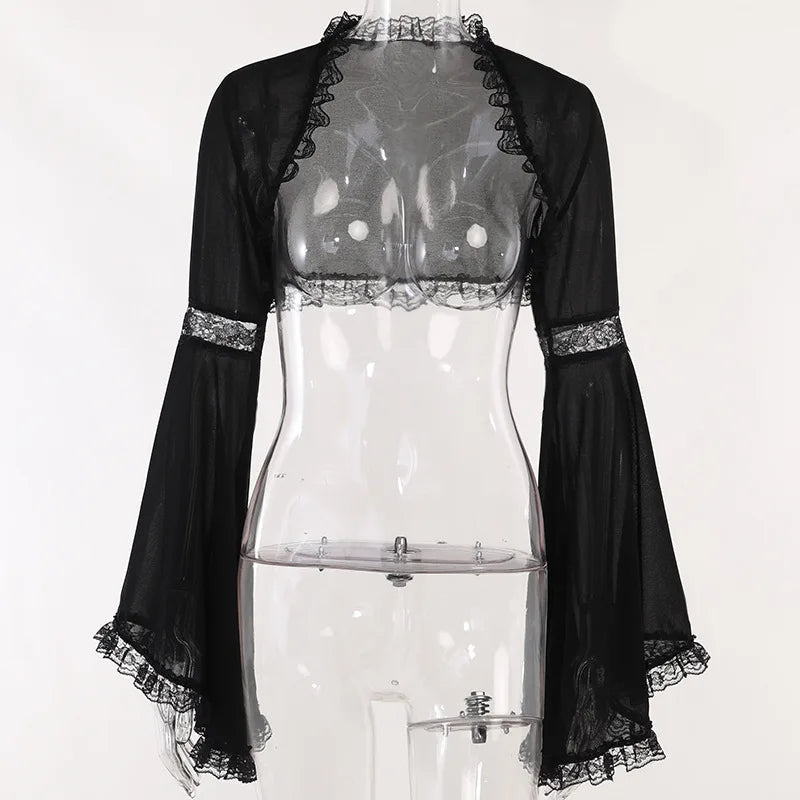 Dark Black Goth Vintage Flared Sleeve Lace Shoulder Cover