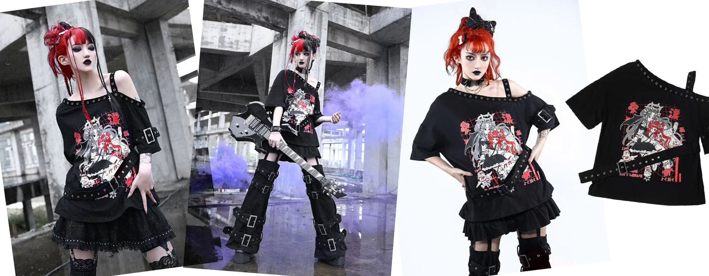 GOTH Black Long Sleeve  Fake Two-piece Spider web sweatshirt