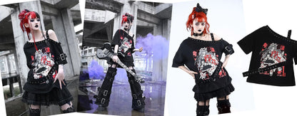 GOTH Black Long Sleeve  Fake Two-piece Spider web sweatshirt