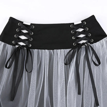 Gothic Mesh A-Line Skirt: Punk Ruffled Tie-Accent High-Waisted Skirt with Full Flare