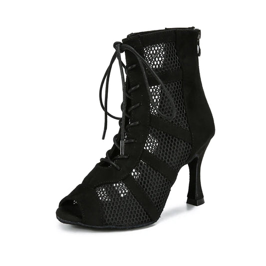 Black fashionable Latin dance boots, black mesh suede zipper lace-up sexy high-heeled dance shoes