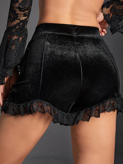 Yangelo Mall Gothic Velvet Ruched Sexy Shorts Skirts E-girl Grunge High Waist Skinny Bottoms Women Lace Hem Fall Alt Clothes