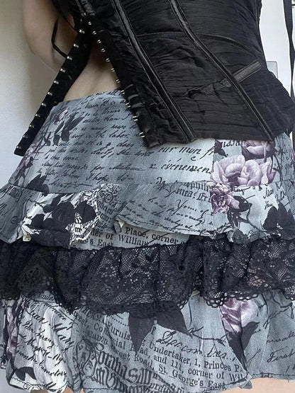Gothic Aesthetic Short Skirt y2k Print Lace Patchwork Low Rise A-line Mini Skirts Black Bow Stitching Skirt Lady Vintage