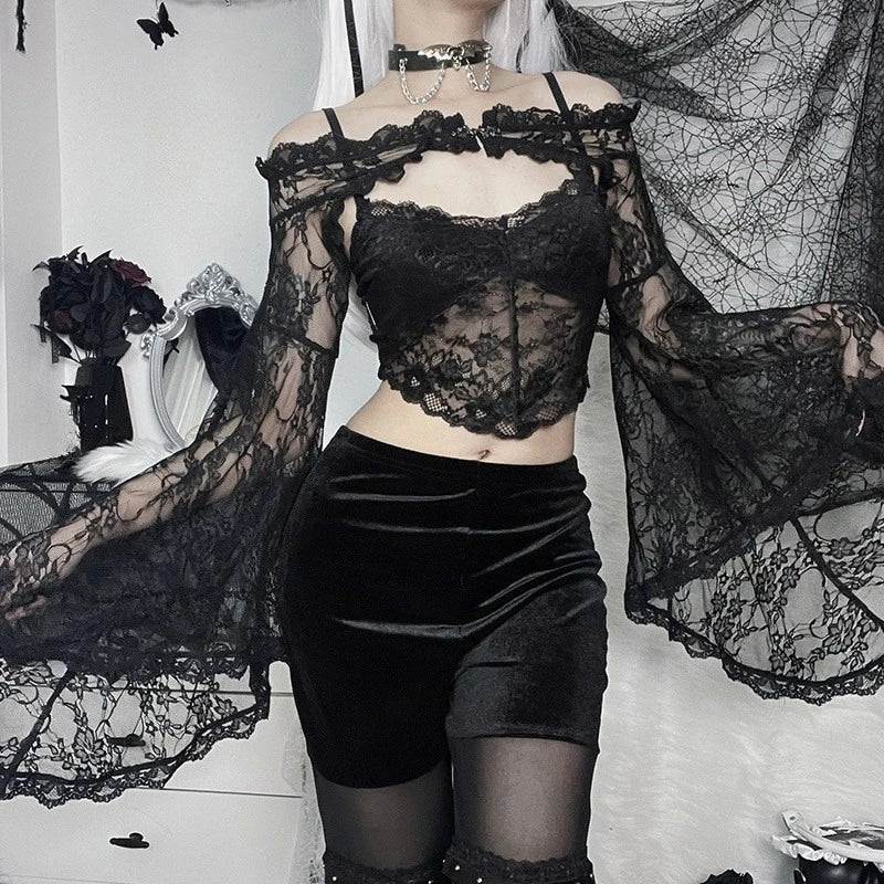 Dark Black Goth Vintage Flared Sleeve Lace Shoulder Cover