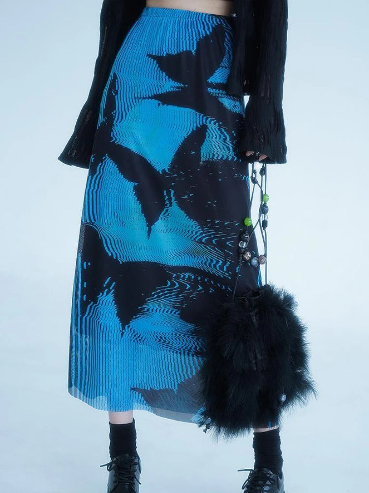 KOSAHIKI Gothic Pleated Skirts Womens Blue Saia Black Butterfly Print High Waist Skirt Woman Y2k Faldas Mujer Moda 2025 Korean