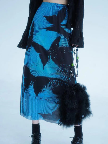 KOSAHIKI Gothic Pleated Skirts Womens Blue Saia Black Butterfly Print High Waist Skirt Woman Y2k Faldas Mujer Moda 2025 Korean