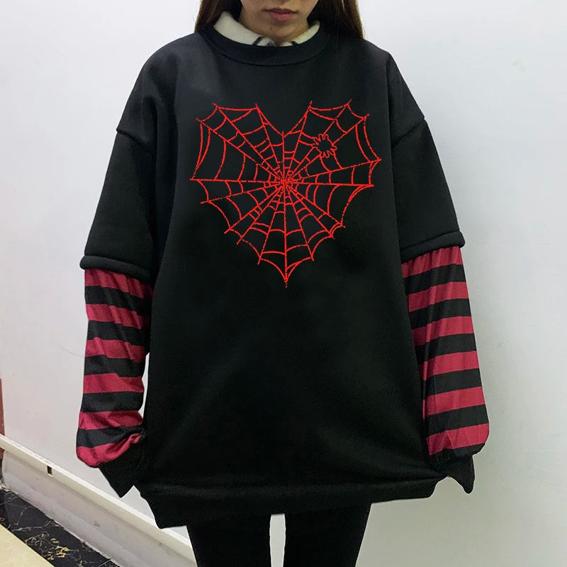 GOTH Black Long Sleeve  Fake Two-piece Spider web sweatshirt