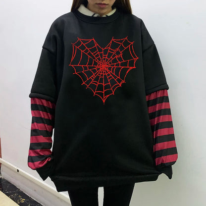 GOTH Black Long Sleeve  Fake Two-piece Spider web sweatshirt