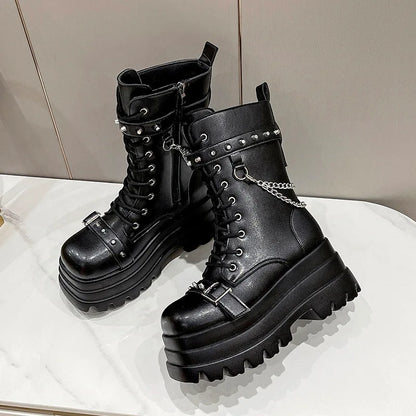 Platform Thick Gothic Boots Lady Buckle Autumn Shoes Women Wedges Knee High Boots Punk Street Cosplay Botas Motorcycle Chain