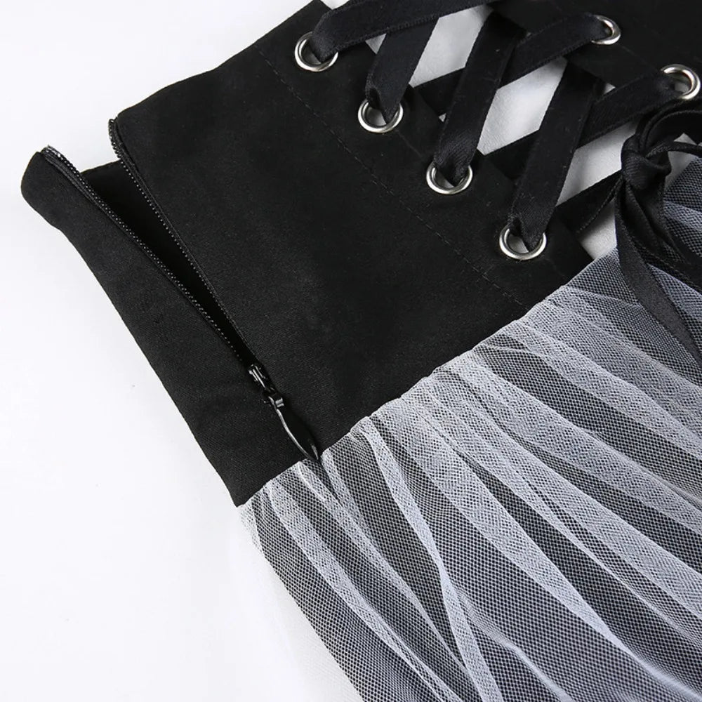Gothic Mesh A-Line Skirt: Punk Ruffled Tie-Accent High-Waisted Skirt with Full Flare