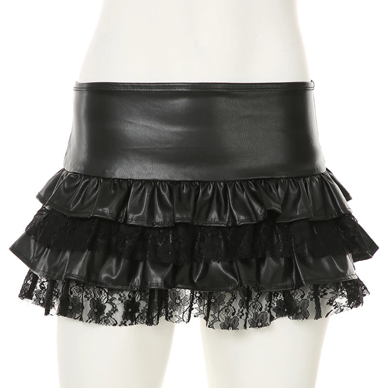 SUCHCUTE Goth Black Pu Leather Patchwork Lace Tiered Cake Mini Skirts Y2K Aesthetic 90s Lolita Skirt Women Sexy Low Waist Skirt