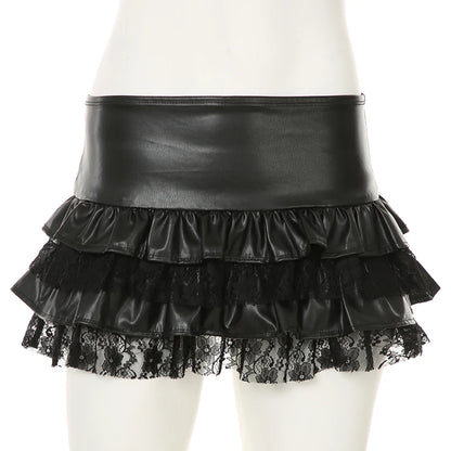 SUCHCUTE Goth Black Pu Leather Patchwork Lace Tiered Cake Mini Skirts Y2K Aesthetic 90s Lolita Skirt Women Sexy Low Waist Skirt