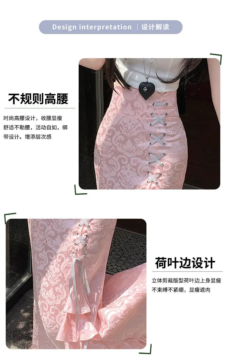 Gothic Long Skirt Punk Fishtail Tied Waist Printed Half Skirt