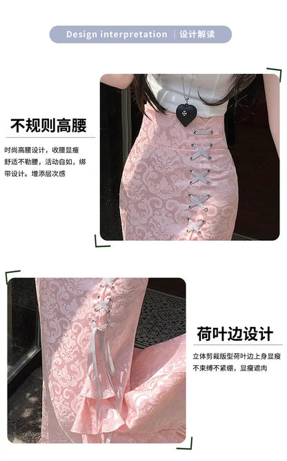 Gothic Long Skirt Punk Fishtail Tied Waist Printed Half Skirt