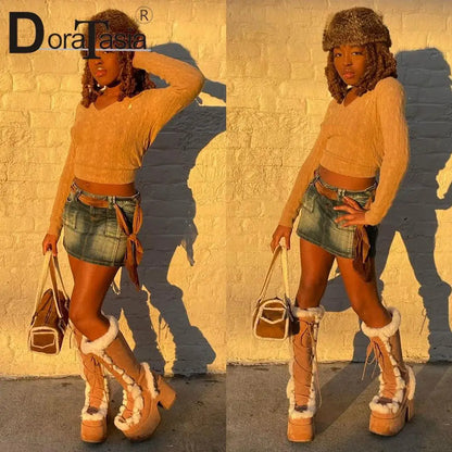 Ladies Goth Platform Boots Fashion Zip Faux Fur Chunky High Heels women's Boots Party Street Autumn Winter Woman Shoes