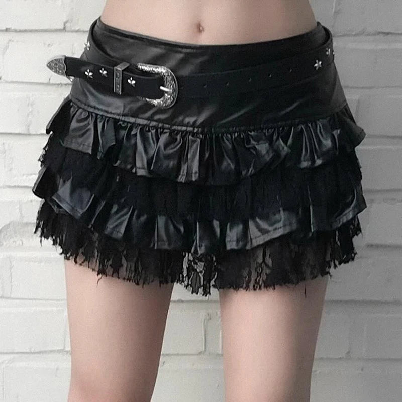 SUCHCUTE Goth Black Pu Leather Patchwork Lace Tiered Cake Mini Skirts Y2K Aesthetic 90s Lolita Skirt Women Sexy Low Waist Skirt