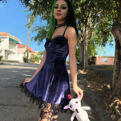 Goth Purple Dress Vintage Velvet A Line Lolita Dress Aesthetic Gothic High Waist Ladies Club Party Dresses