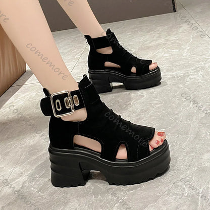 Gothic Platform Sandals Women Summer Wedges Peep Toe Gladiator Shoes Woman Thick Bottom 8cm High Heels Sandalias Mujer