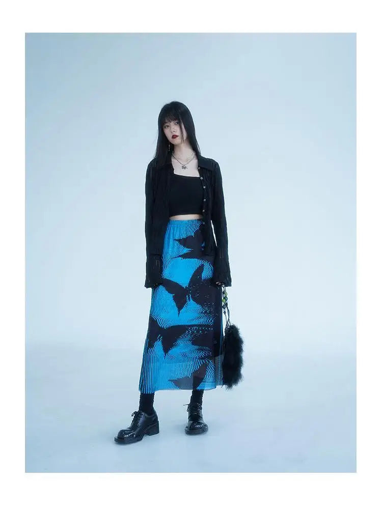 KOSAHIKI Gothic Pleated Skirts Womens Blue Saia Black Butterfly Print High Waist Skirt Woman Y2k Faldas Mujer Moda 2025 Korean
