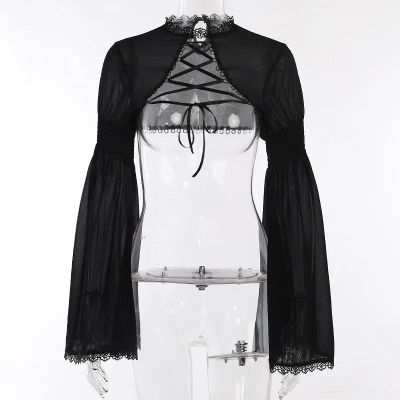 Dark Black Goth Vintage Flared Sleeve Lace Shoulder Cover