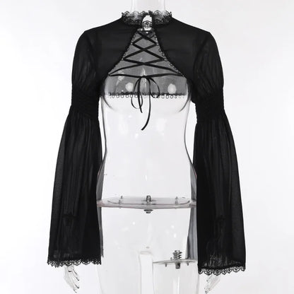 Dark Black Goth Vintage Flared Sleeve Lace Shoulder Cover