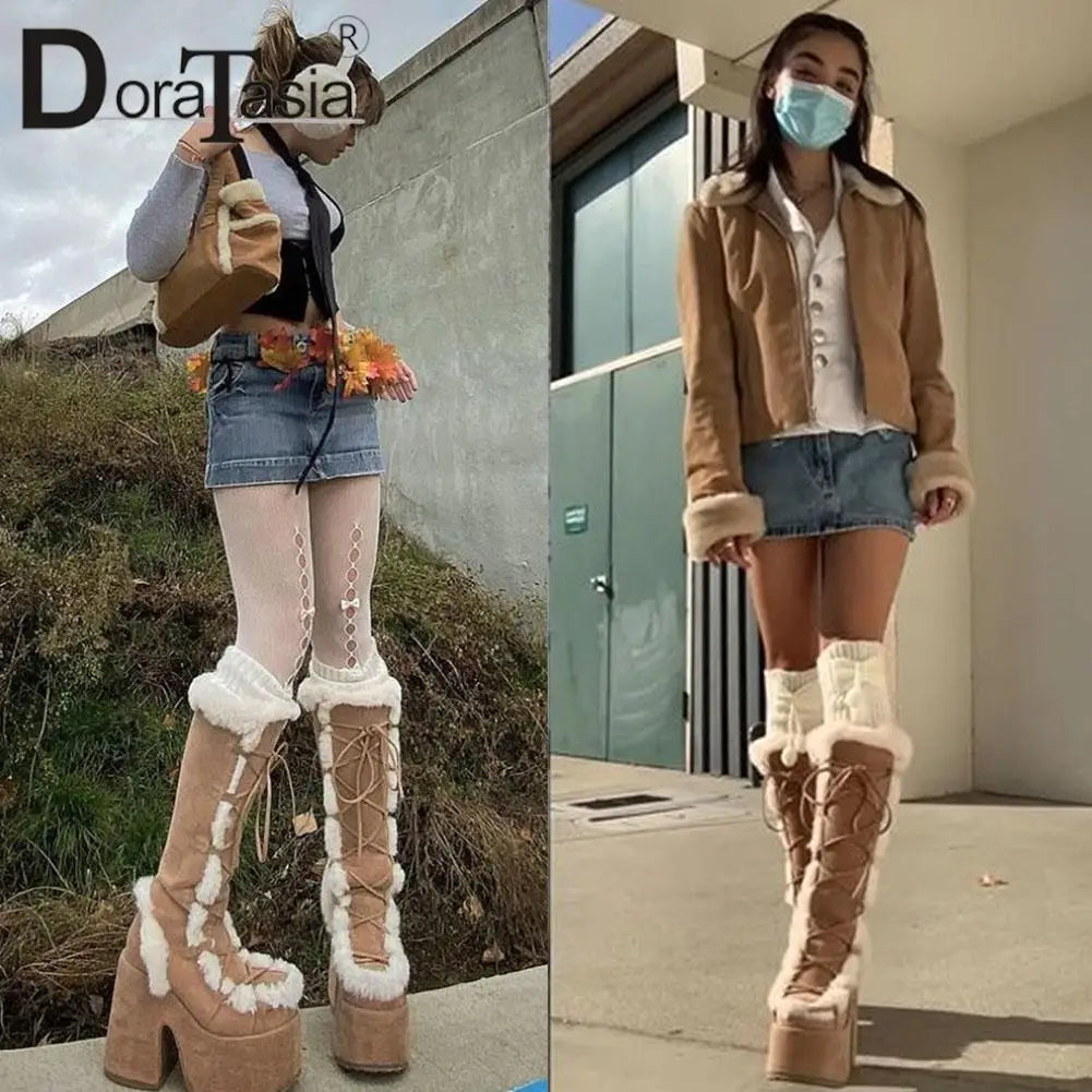 Ladies Goth Platform Boots Fashion Zip Faux Fur Chunky High Heels women's Boots Party Street Autumn Winter Woman Shoes