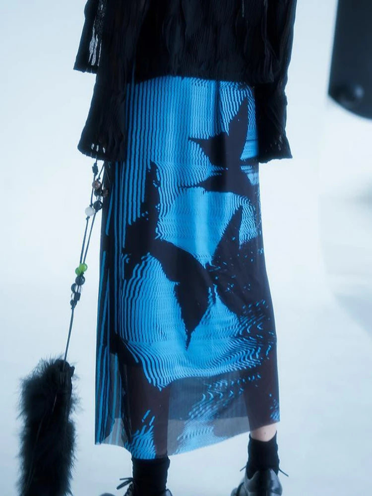 KOSAHIKI Gothic Pleated Skirts Womens Blue Saia Black Butterfly Print High Waist Skirt Woman Y2k Faldas Mujer Moda 2025 Korean