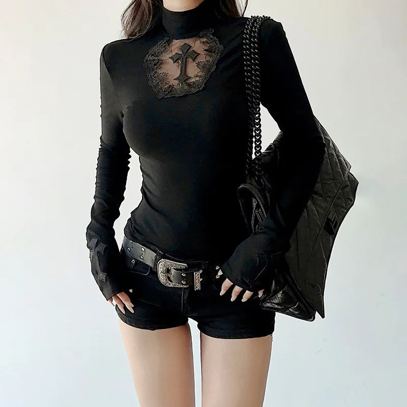 Goth Mesh Patchwork Cross Turtleneck Pullovers