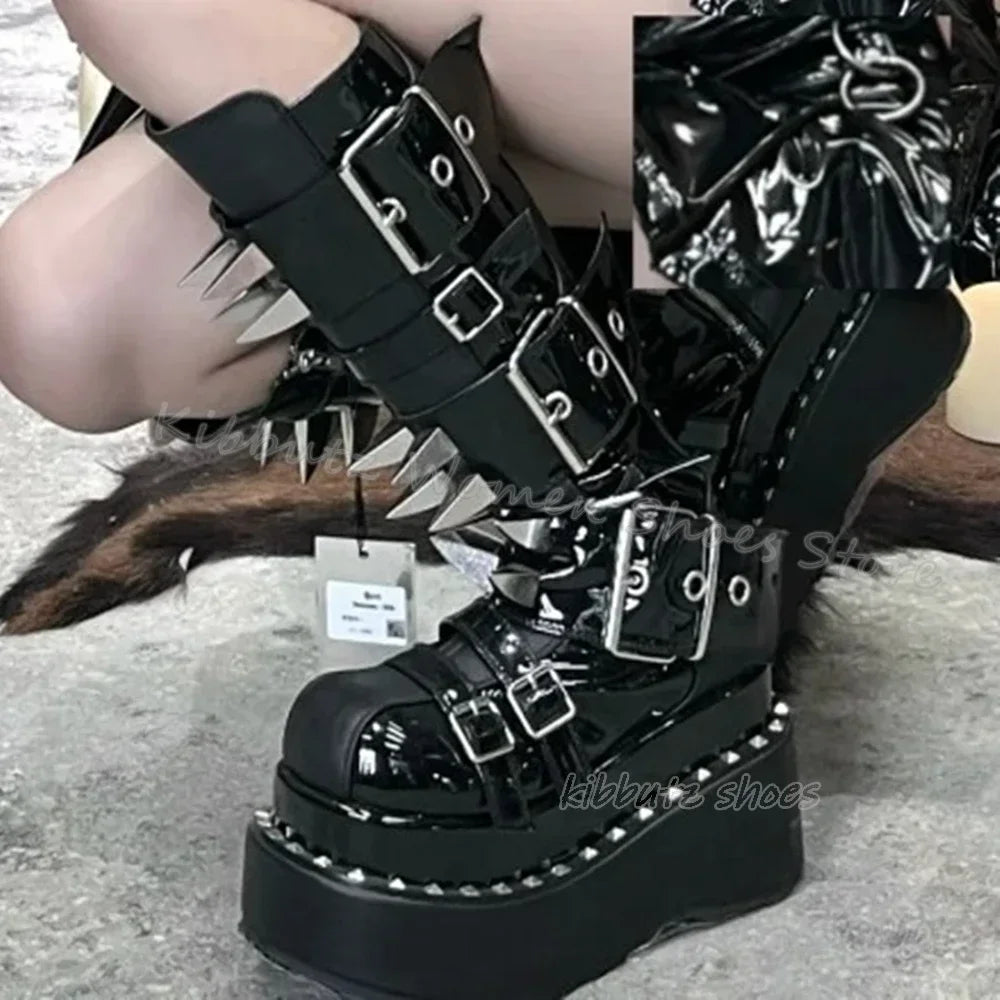 Gothic Boots Knee High Platform Punk Rock Belt Buckle Novelty Leather Thick Bottom