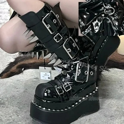 Gothic Boots Knee High Platform Punk Rock Belt Buckle Novelty Leather Thick Bottom