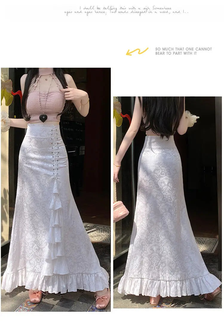 Gothic Long Skirt Punk Fishtail Tied Waist Printed Half Skirt