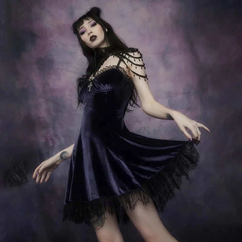 Goth Purple Dress Vintage Velvet A Line Lolita Dress Aesthetic Gothic High Waist Ladies Club Party Dresses