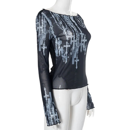 Goth Graphic T Shirts See Through Mesh Top Long Sleeve