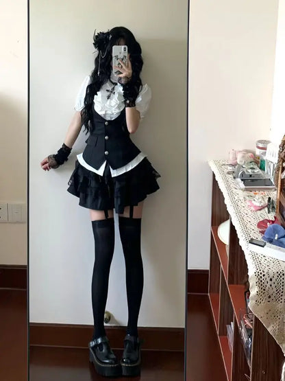 Gothic Preppy Style Design Short Sleeve 3-piece Set Women Fashion Y2k High-waist Black Short Skirt Suit Summer New Slim Outfits
