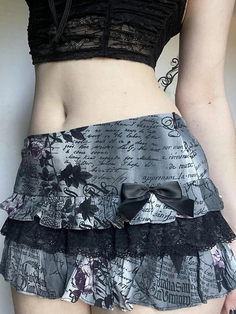 Gothic Aesthetic Short Skirt y2k Print Lace Patchwork Low Rise A-line Mini Skirts Black Bow Stitching Skirt Lady Vintage