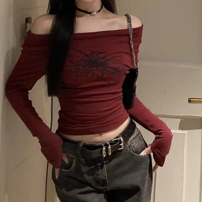 Gothic Print T-Shirts Long Sleeve Off the Shoulders Tops