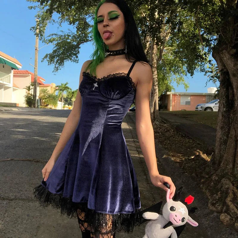 Goth Purple Dress Vintage Velvet A Line Lolita Dress Aesthetic Gothic High Waist Ladies Club Party Dresses