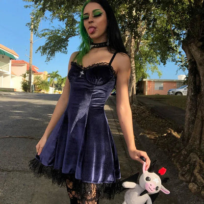 Goth Purple Dress Vintage Velvet A Line Lolita Dress Aesthetic Gothic High Waist Ladies Club Party Dresses