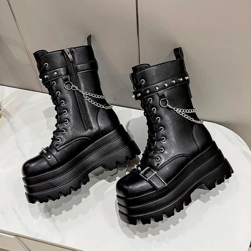 Platform Thick Gothic Boots Lady Buckle Autumn Shoes Women Wedges Knee High Boots Punk Street Cosplay Botas Motorcycle Chain
