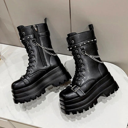 Platform Thick Gothic Boots Lady Buckle Autumn Shoes Women Wedges Knee High Boots Punk Street Cosplay Botas Motorcycle Chain