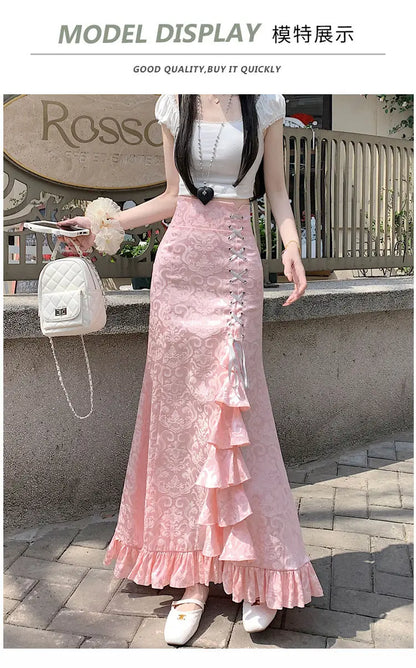 Gothic Long Skirt Punk Fishtail Tied Waist Printed Half Skirt
