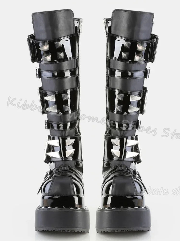 Gothic Boots Knee High Platform Punk Rock Belt Buckle Novelty Leather Thick Bottom