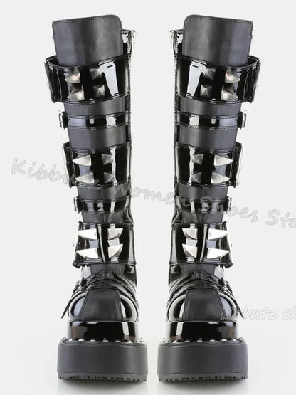 Gothic Boots Knee High Platform Punk Rock Belt Buckle Novelty Leather Thick Bottom