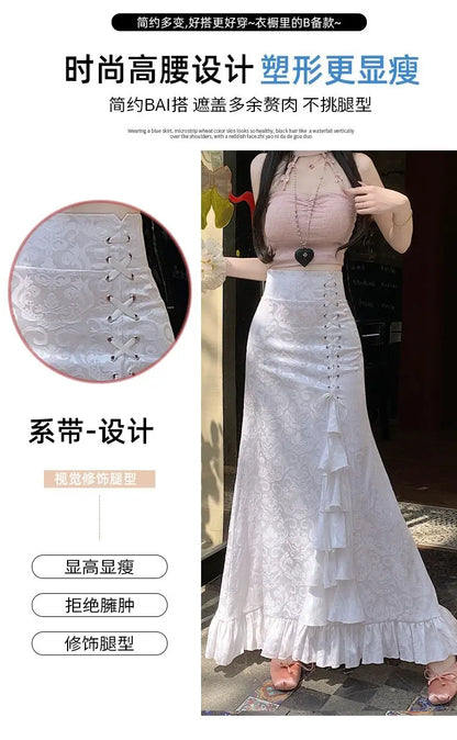 Gothic Long Skirt Punk Fishtail Tied Waist Printed Half Skirt